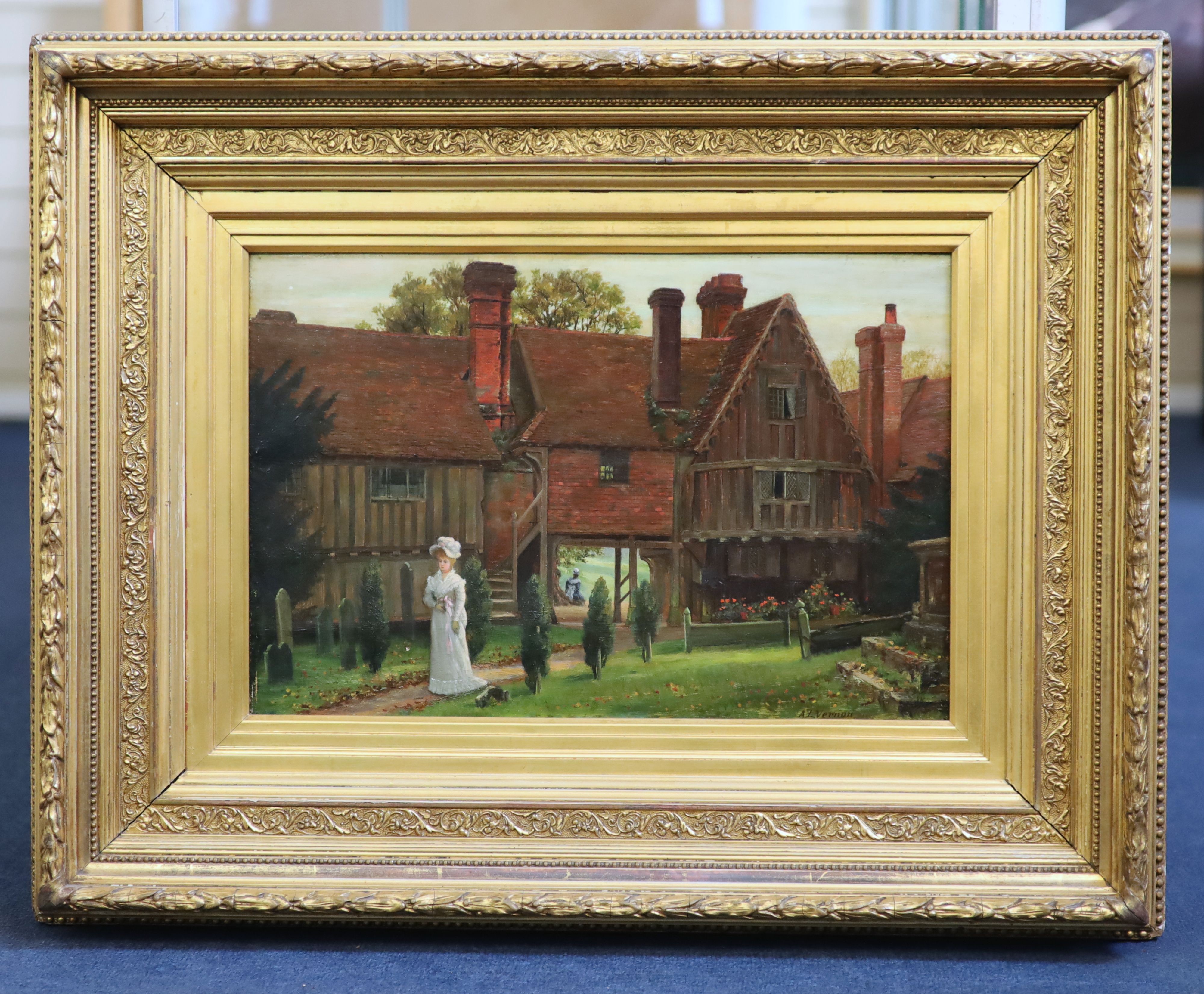 Arthur Langley Vernon (Exh.1880-1917), Edwardian lady standing before a 17th century house, oil on canvas, 30 x 45cm